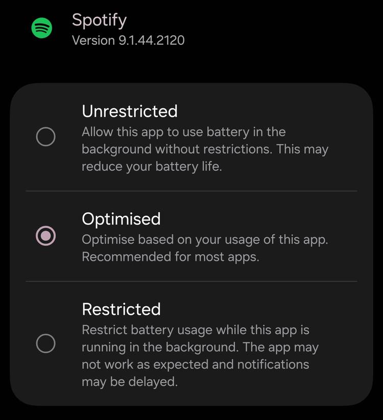 Android battery optimization settings for Spotify, showing how background app restrictions can affect playback and notifications.