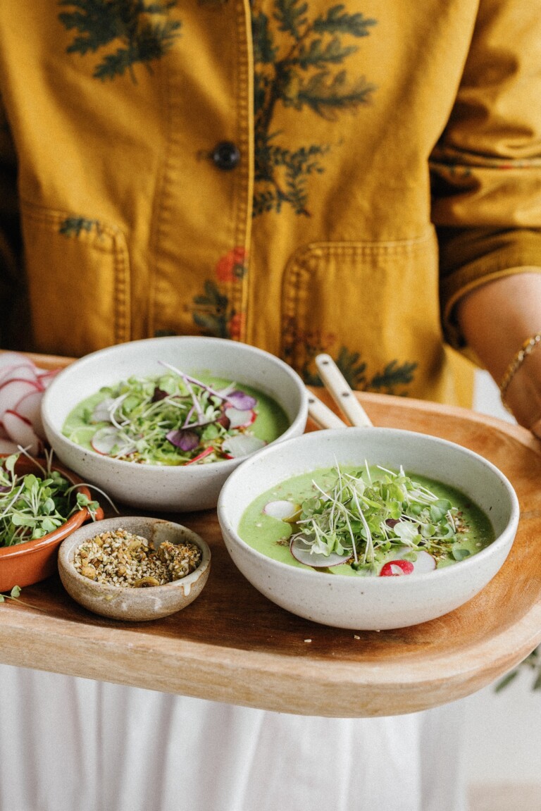 spring pea gazpacho in bowls