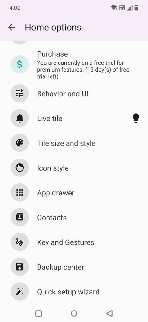 Screenshot showing the Square Home options