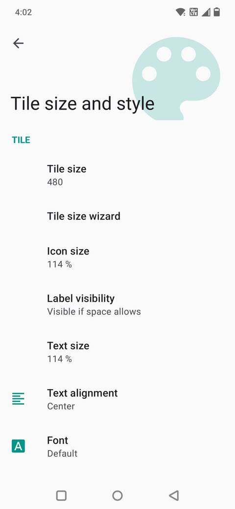 Screenshot showing the Square Home tile size options