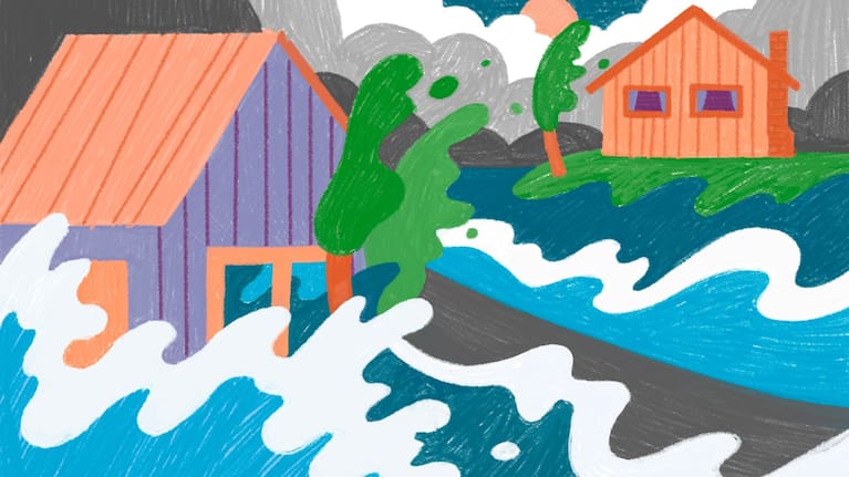 Stylised illustration of rising flood waters threatening homes and roads
