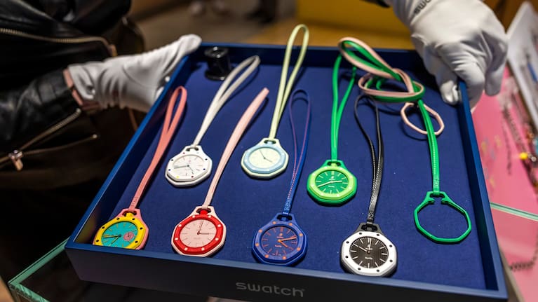 The new Royal Pop watches by Swatch and Audemars Piguet, at the Swatch Drive-Thru Store next to Swatch headquarters in Biel/Bienne, Switzerland