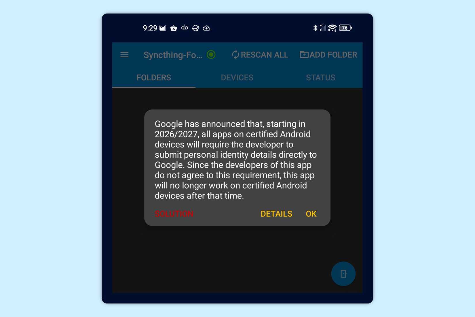 Warning displayed once when first launching Syncthing-Fork.