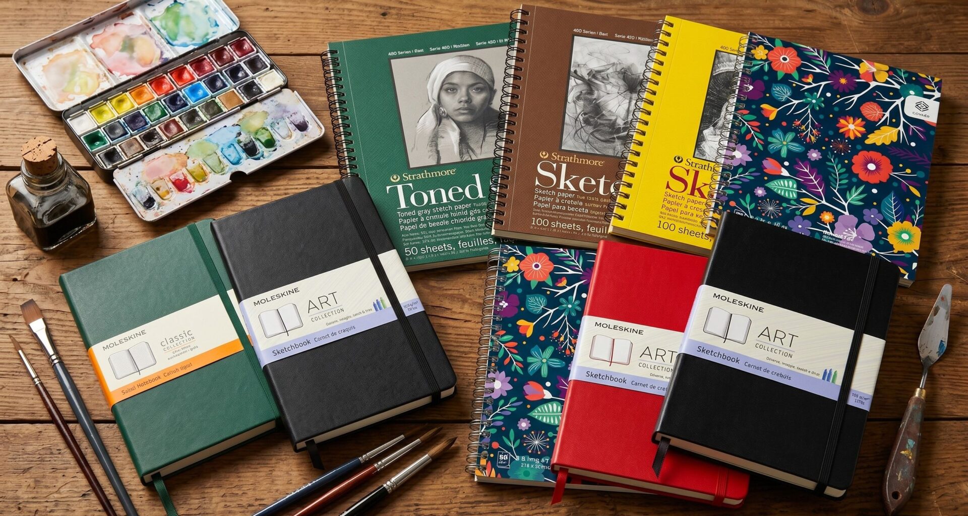 Notebooks and artist sketchbooks on a wooden table