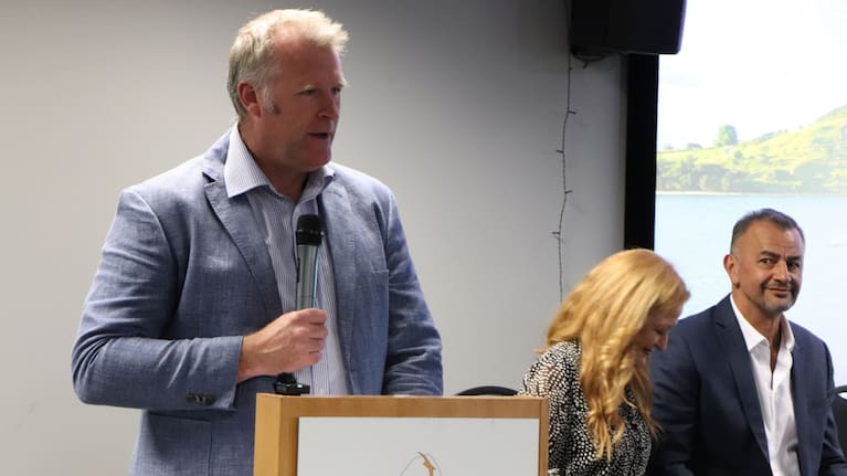 Tauranga Mayor Mahé Drysdale at the community meeting hosted by the council to provide an update on the rehabilitation of Mauao.