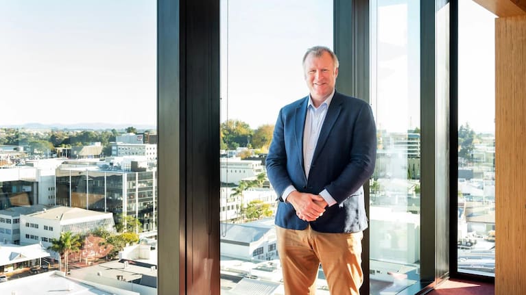 Tauranga Mayor Mahé Drysdale in his new top-floor office at 90 Devonport Rd. (Source: Brydie Thompson)