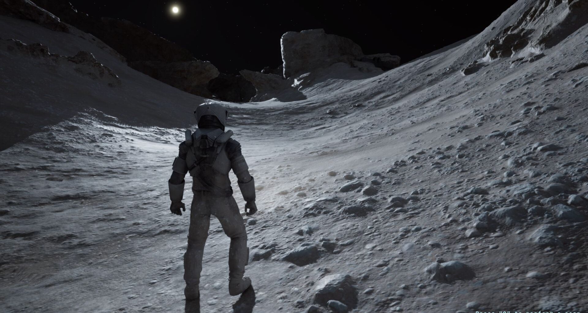 Screenshot from the video game Lunar Strike. An astronaut is exploring the Moon.