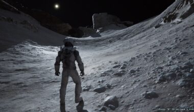 Screenshot from the video game Lunar Strike. An astronaut is exploring the Moon.