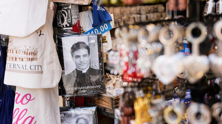 The 'Calendario Romano' calendar, bearing a photo of Giovanni Galizia, who is not a priest, is on sale in a souvenir shop in Rome, Wednesday, May 20, 2026. 