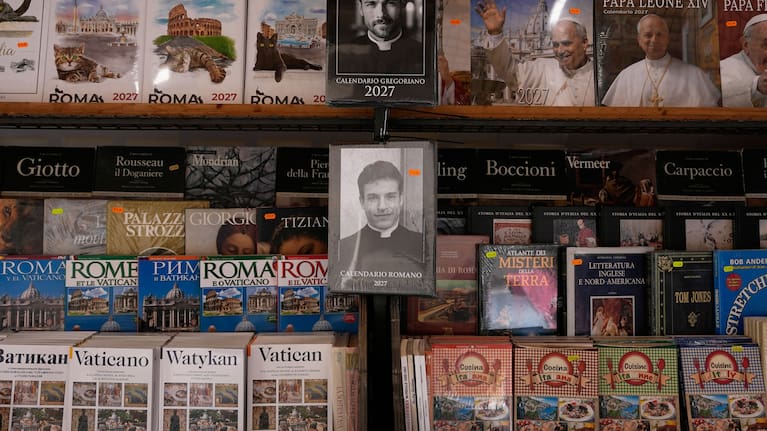 The 'Calendario Romano' calendar, bearing a photo of Giovanni Galizia, who is not a priest, is on sale in a souvenir shop in Rome, Wednesday, May 20, 2026.