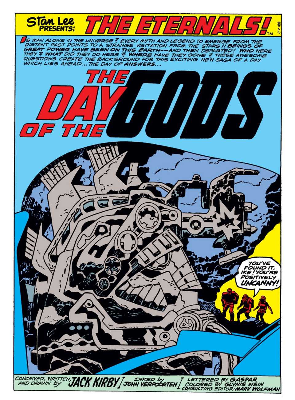 Opening splash page of Eternals #1 featuring art by Jack Kirby, three explorers gaze on an enormous statue