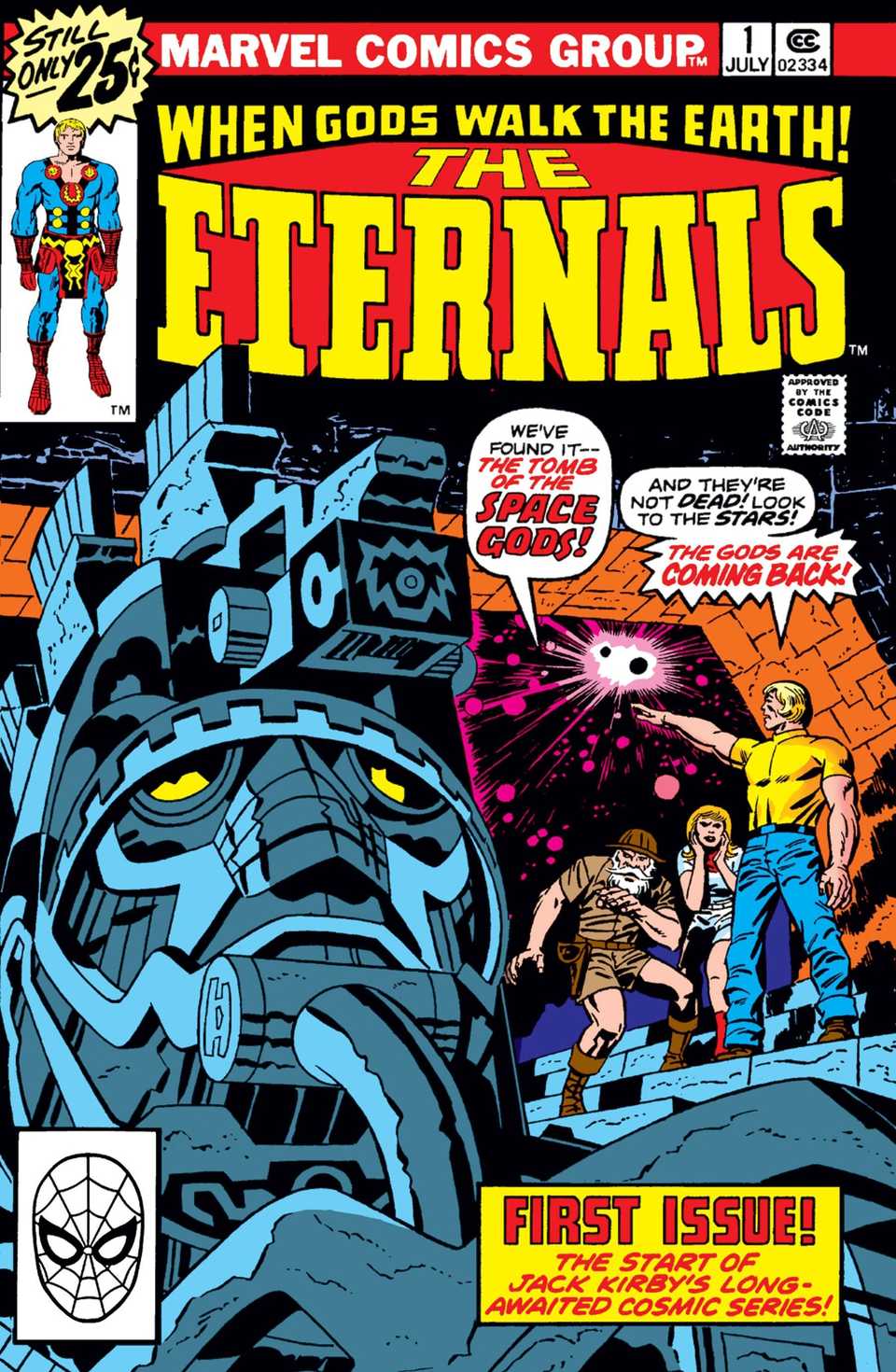 the eternals 1 cover, art by Jack Kirby, a trio of explorers gaze on an enormous celestial