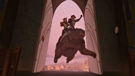 An image from The Legend of Vox Machina season 4. It shows Keyleth, an elven druid, riding alongside Vex, an elven ranger astride an armored bear.