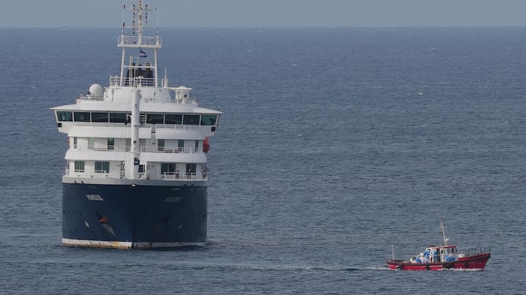 The MV Hondius cruise ship is anchored at a port in Praia, Cape Verde, Wednesday, May 6, 2026.
