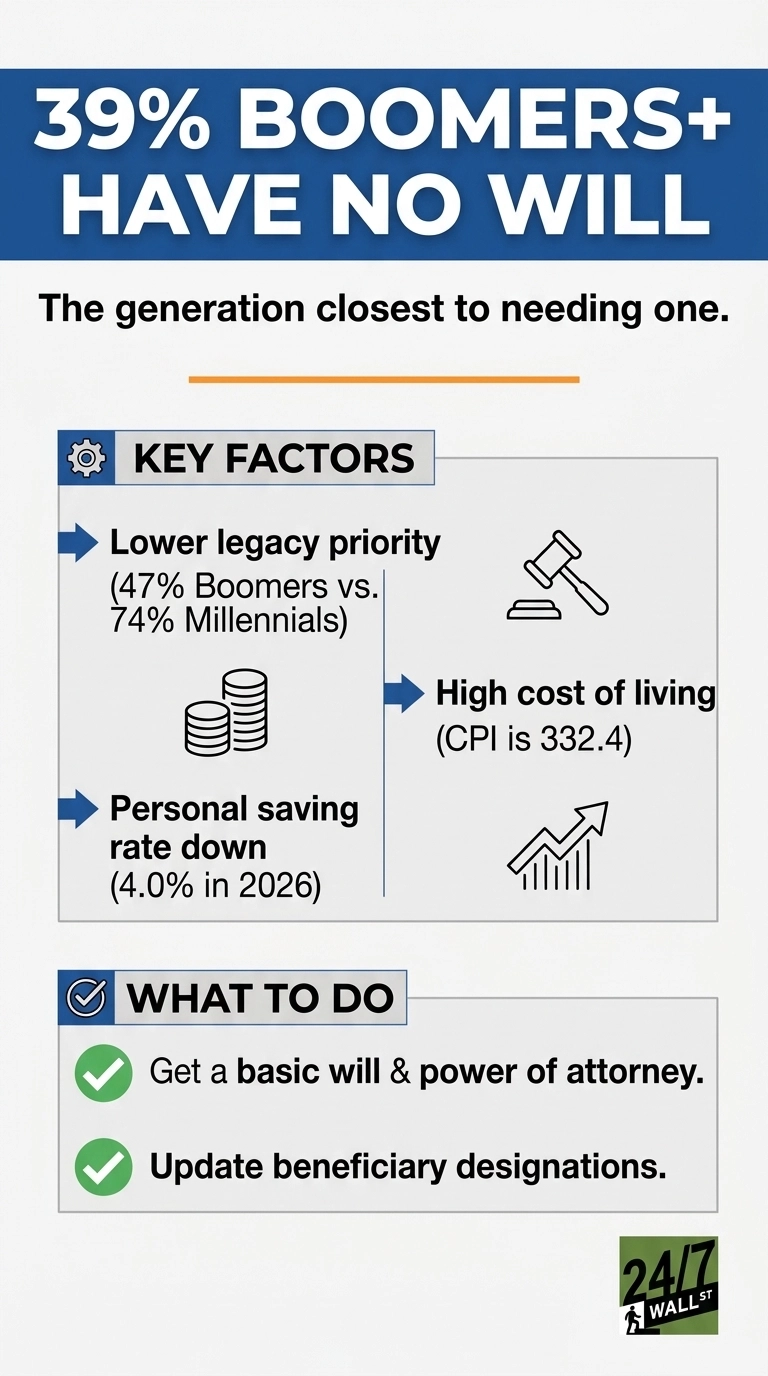 An infographic with a blue header stating '39% BOOMERS+ HAVE NO WILL' and a sub-headline 'The generation closest to needing one.' Below, a gray box titled 'KEY FACTORS' outlines three points: 'Lower legacy priority (47% Boomers vs. 74% Millennials)' with an icon of stacked coins; 'Personal saving rate down (4.0% in 2026)' also with an icon of stacked coins; and 'High cost of living (CPI is 332.4)' with a gavel icon and an upward trending bar chart icon. Blue arrows connect these points. Another gray box titled 'WHAT TO DO' lists two actions with green checkmarks: 'Get a basic will & power of attorney.' and 'Update beneficiary designations.' The 24/7 Wall St. logo is in the bottom right corner.