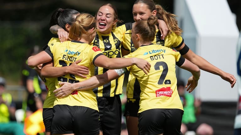 The Phoenix celebrtae a goal during the A-League Women - Wellington Phoenix FC v Sydney FC at Porirua Park.
