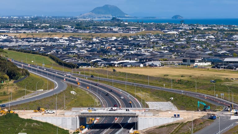 The Tauranga Eastern Link's recently opened Pāpāmoa East Interchange during construction. (Source: Bijou Johnson)