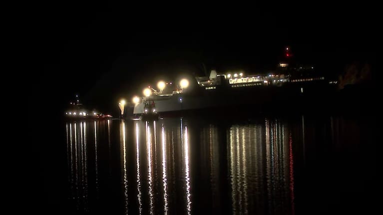 Tugboats Maungatea and Monowai getting into position at the stern of the stranded ferry Aratere on Saturday night.