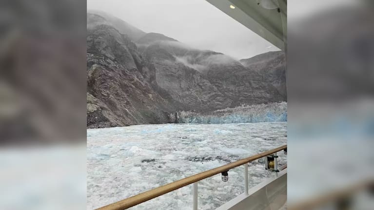 The view from the deck of the Hanse Explorer on August 9, 2025, shows the mountain where the landslide occurred just 12 hours before it happened.