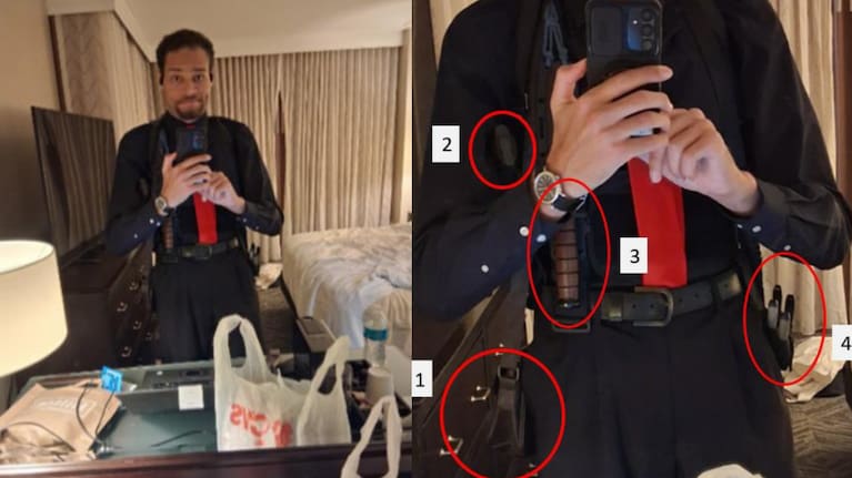 This image contained in a court filing shows Cole Tomas Allen, left, inside his hotel room, on Saturday, April 25, 2026 in Washington, using his cellphone to take a photograph of himself in the mirror.