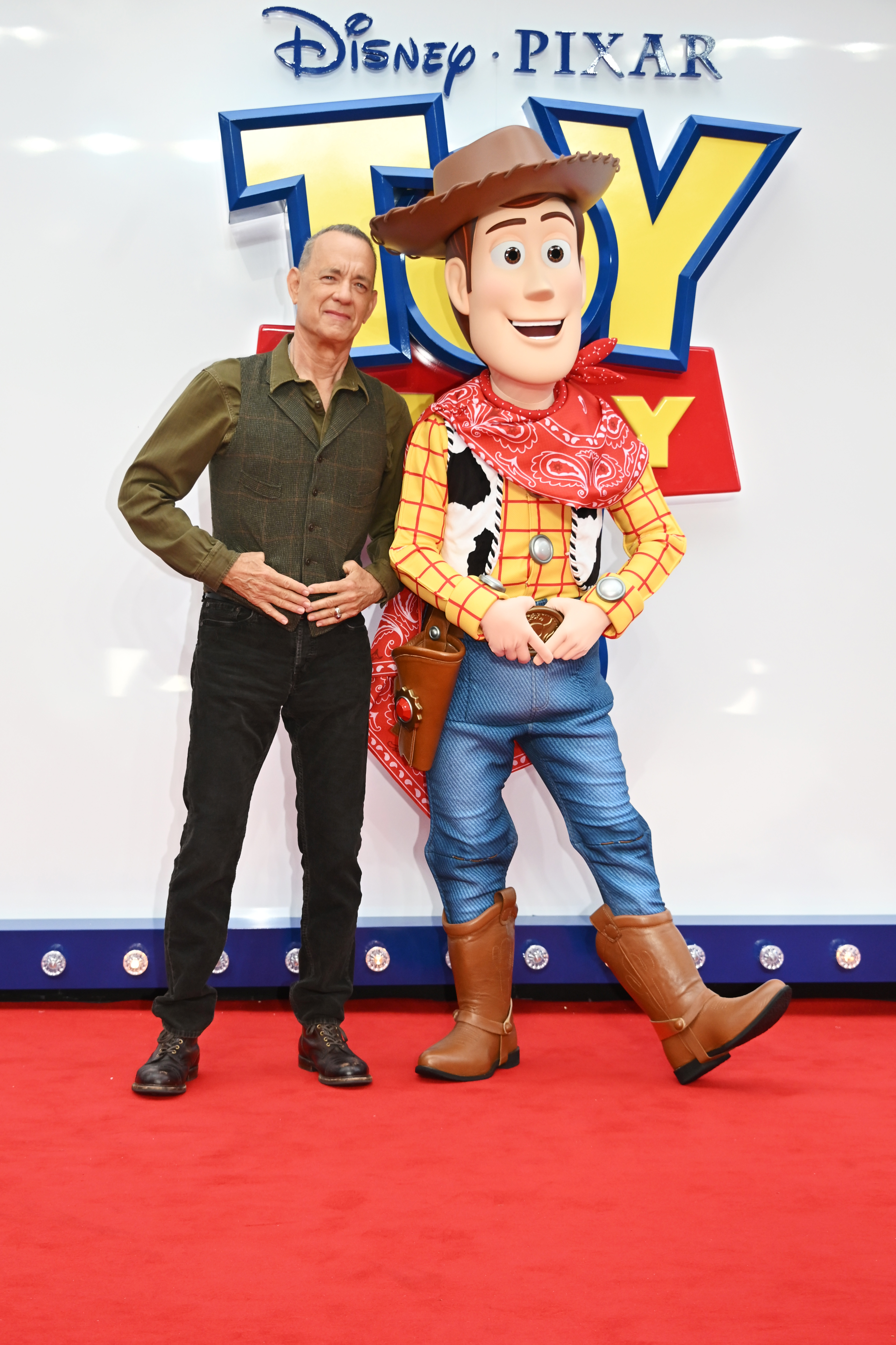 Tom Hanks and Woody attend the "Toy Story 5" UK launch premiere at Odeon Luxe Leicester Square on May 28, 2026 in London, England. 
