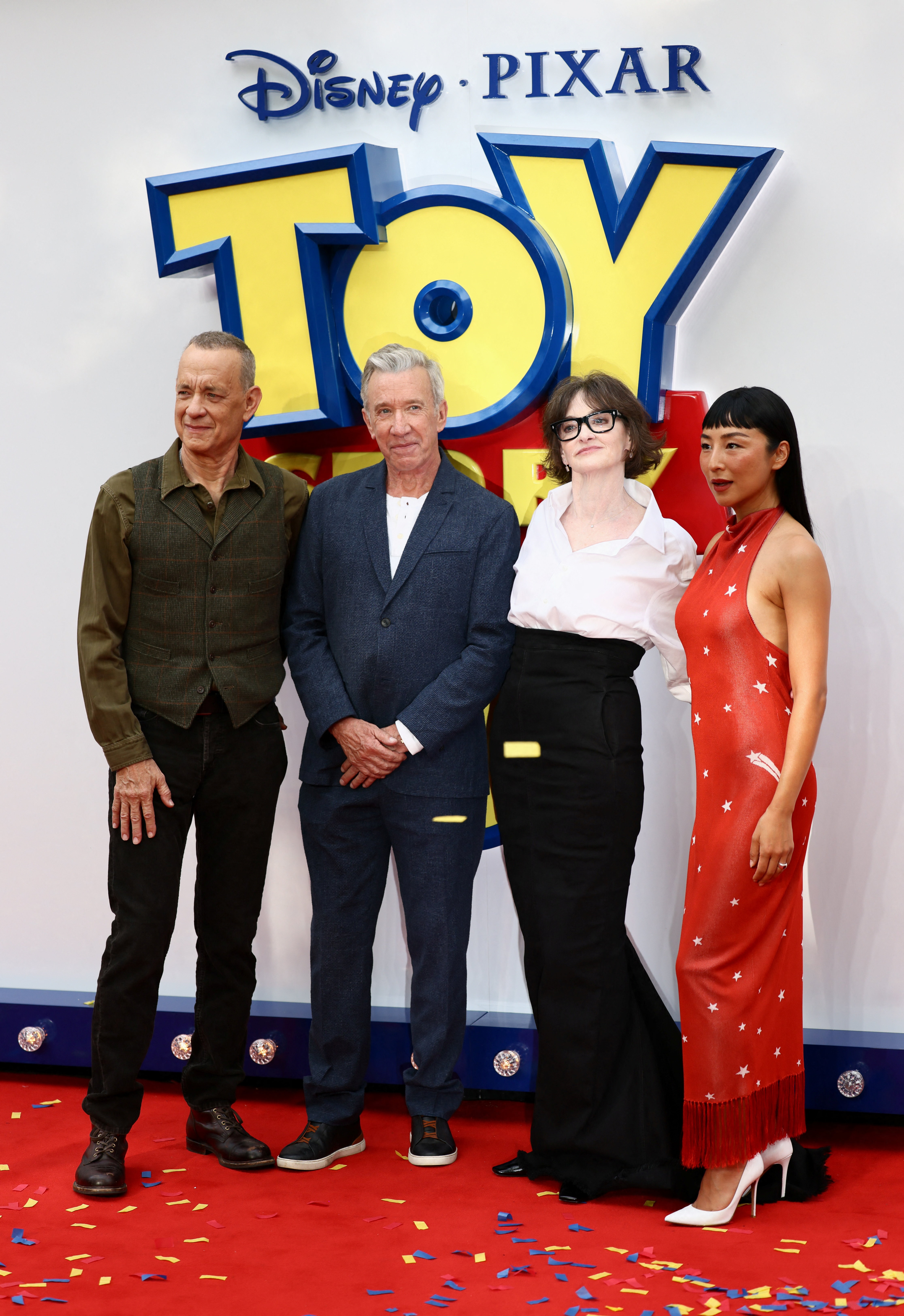 Tom Hanks, Tim Allen, Joan Cusack, and Greta Lee attend the "Toy Story 5" UK launch premiere at Odeon Luxe Leicester Square on May 28, 2026 in London, England. 