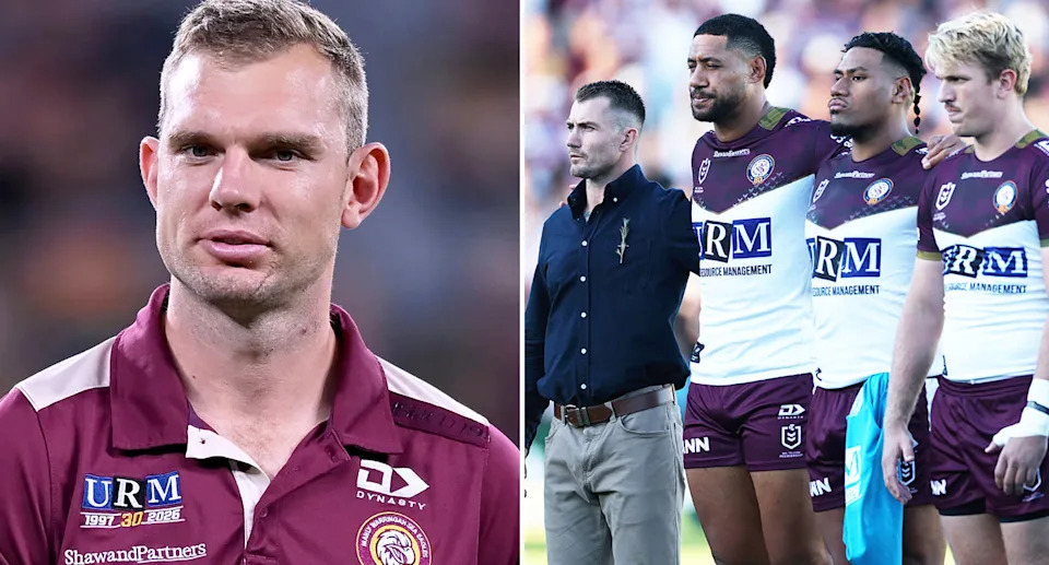 Pictured left is Sea Eagles skipper Tom Trbojevic and interim coach Kieran Foran to his right.