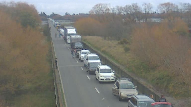 Traffic backed up across the Rakaia Bridge.