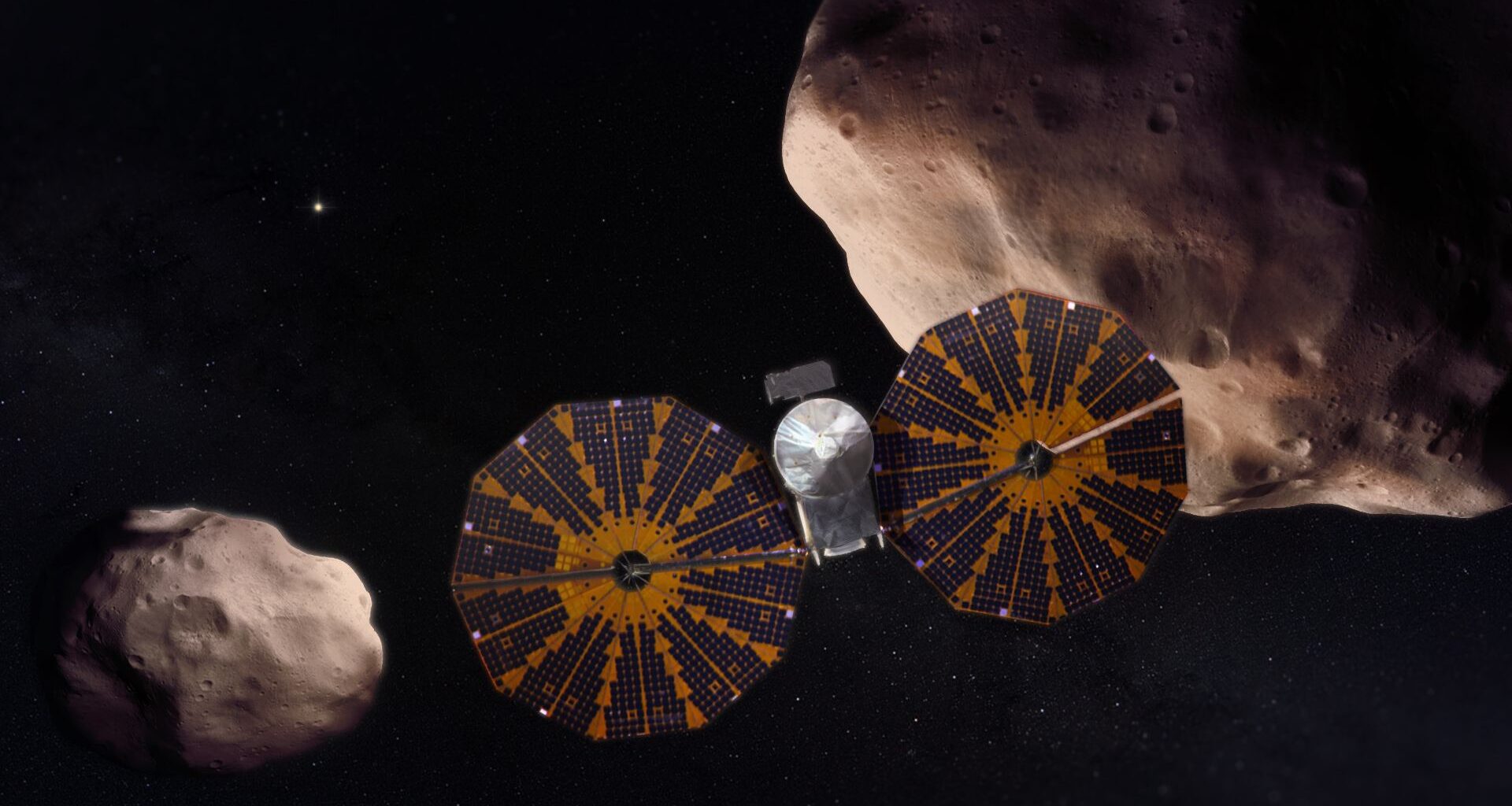 A spacecraft is depicted with a giant solar panel, circular structure on either side of its body. Two asteroids are shown in the background, the one on the right being quite a bit larger than the one on the left.