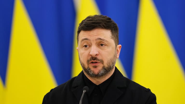 Ukrainian President Volodymyr Zelenskyy speaks during a joint press conference with Lithuania's President Gitanas Nauseda and Polish President Karol Nawrocki, at the Presidential palace in Vilnius, Lithuania, Sunday, January 25, 2026.