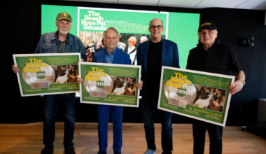 Mike Love, Al Jardine and Bruce Johnston of The Beach Boys were presented plaques for Pet Sounds’ new double platinum status by UMe Chairman Bruce Resnikoff ahead of the legendary album’s 60th anniversary at the historic Capitol Records tower in Hollywood, CA on May 11, 2026. (Photo by Scott Dudelson/Getty Images for UMe)