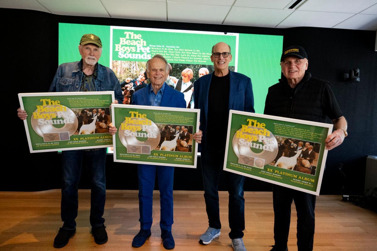 Mike Love, Al Jardine and Bruce Johnston of The Beach Boys were presented plaques for Pet Sounds’ new double platinum status by UMe Chairman Bruce Resnikoff ahead of the legendary album’s 60th anniversary at the historic Capitol Records tower in Hollywood, CA on May 11, 2026. (Photo by Scott Dudelson/Getty Images for UMe)