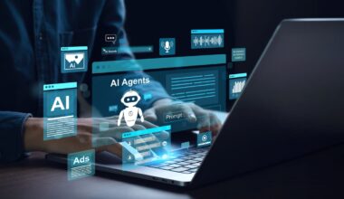 A person typing at a laptop with AI-related themes around them.