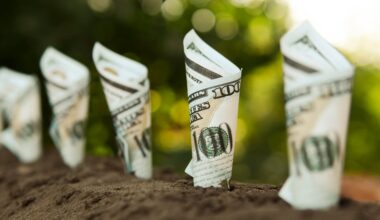 A line of 100 dollar bills planted in the ground.