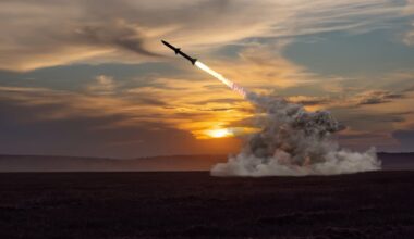 Rocket launching at sunset.
