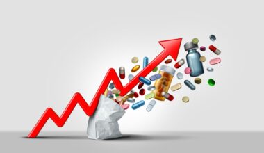 An arrow moving higher amid pills.