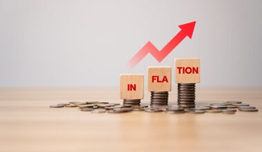 Three stack of coins, each larger than the one before. Each stack has a block balanced on top. The three blocks spell out the word "Inflation."