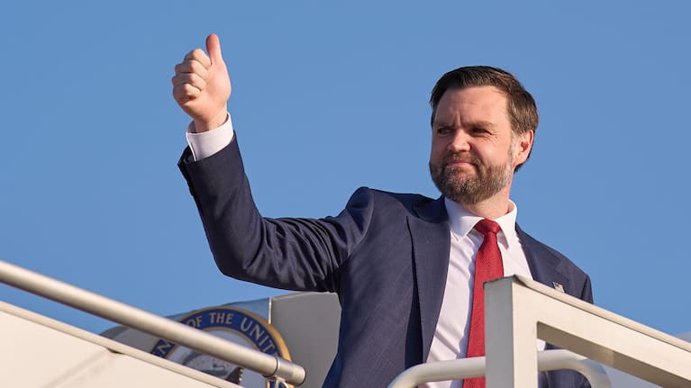 US Vice President JD Vance gives the thumbs up while boarding Air Force Two as he leaves Islamabad on Sunday, April 12, 2026 in Islamabad, Pakistan.