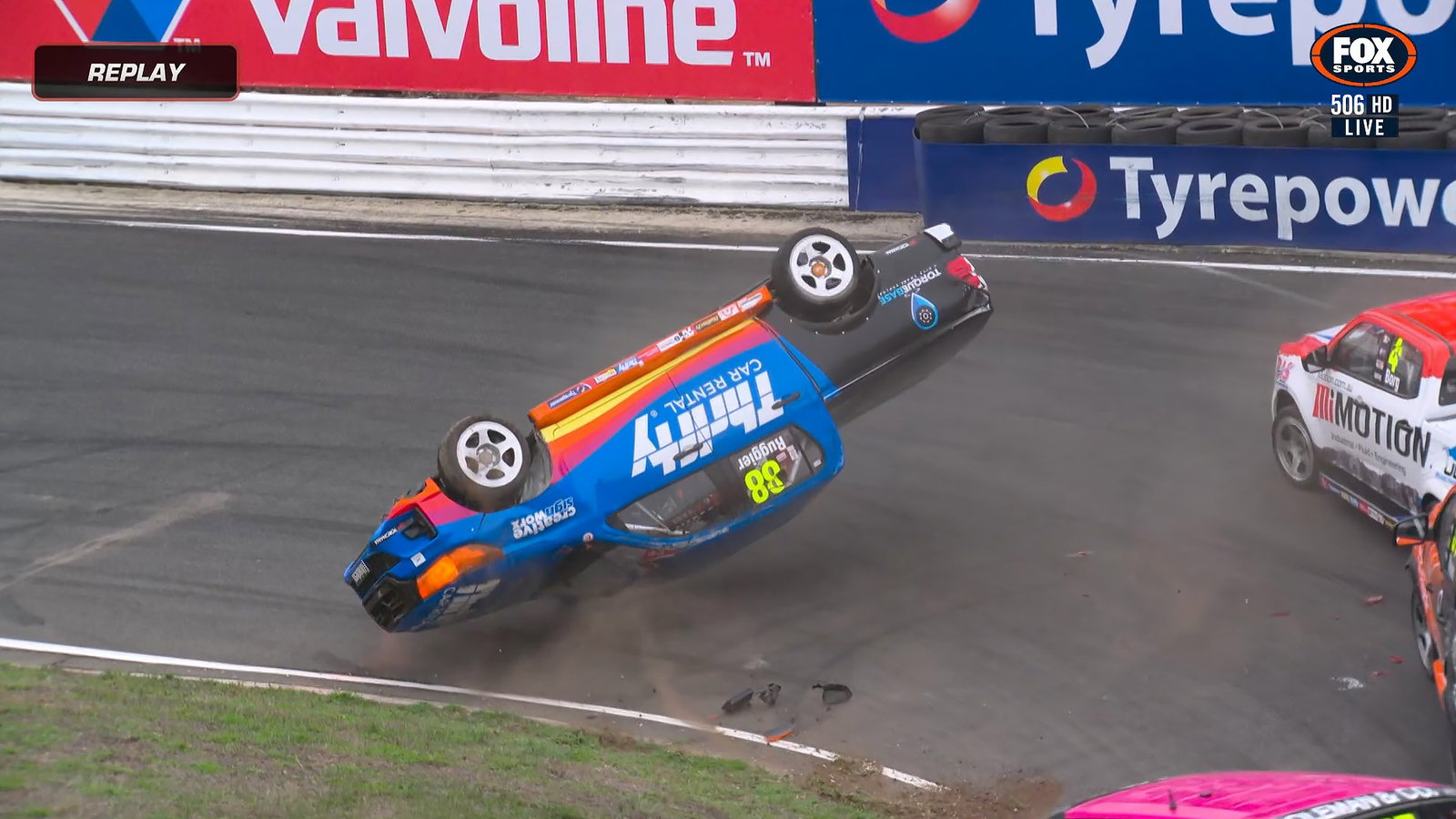 Toyota rolls at Tasmania Super440 in odd V8 SuperUtes crash