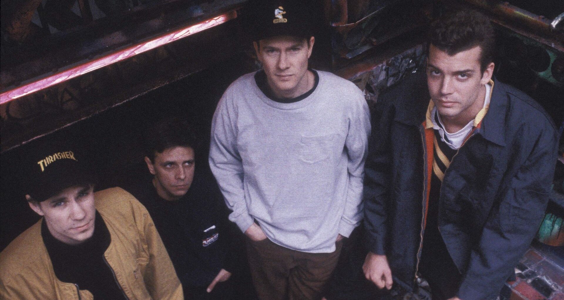 Henry Bogdan, Peter Mengede, Page Hamilton and John Stanier of Helmet pose for a group shot in New York in 1992.