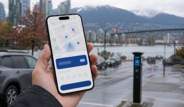 Person holds a smartphone showing a map with blue location pins, in a city waterfront scene with mountains in the background.