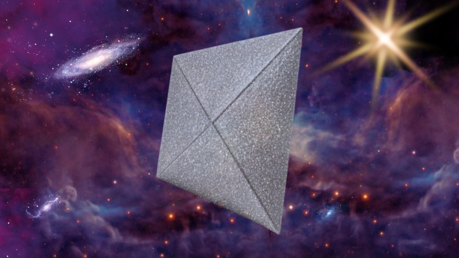An illustration shows a silver translucent solar sail voyaging through interstellar space leaving behind the sun