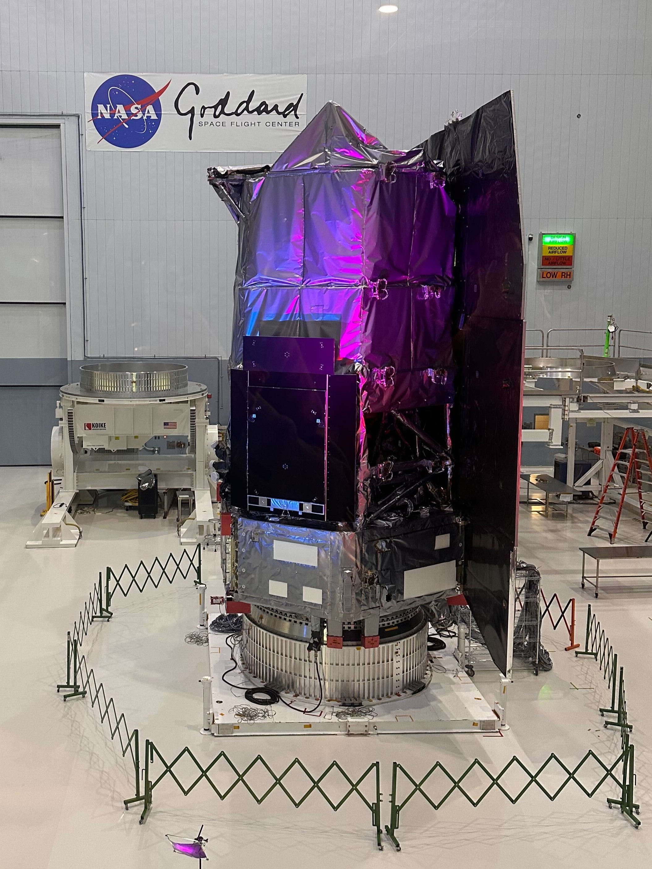 The Nancy Grace Roman Space Telescope is pictured in a clean room at NASA's Goddard Space Flight Center.