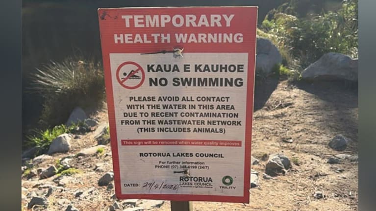 Warning sign advising swimmers and dog walkers of potential contamination at Rotorua swimming hole. (Source: NZME)