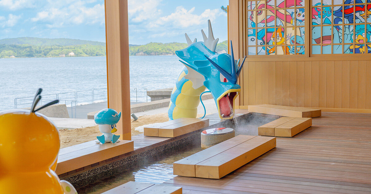 pokémon characters splash into renovated footbath in japan