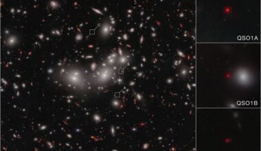 This JWST NIRCam image shows Abell2744-QSO1, a prototypical Little Red Dot (LRD) discovered by the JWST. QS01 is magnified and tripled by gravitational lensing from the galaxy cluster Abell 2744. When scientists studied it in detail, they found a 50 million solar mass supermassive black hole (SMBH). It contains twice as much mass as its galaxy, throwing a curveball at astrophysicists trying to understand the growth of SMBH. Image Credit: NASA, ESA, CSA, L. Furtak (Ben-Gurion University), R. Maiolino (Cambridge), F. D'Eugenio (Cambridge), I. Juodžbalis (Cambridge), H. Übler (MPE), C. Marconcini (University of Florence). Image processing: A. Pagan