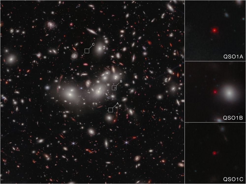 This JWST NIRCam image shows Abell2744-QSO1, a prototypical Little Red Dot (LRD) discovered by the JWST. QS01 is magnified and tripled by gravitational lensing from the galaxy cluster Abell 2744. When scientists studied it in detail, they found a 50 million solar mass supermassive black hole (SMBH). It contains twice as much mass as its galaxy, throwing a curveball at astrophysicists trying to understand the growth of SMBH. Image Credit: NASA, ESA, CSA, L. Furtak (Ben-Gurion University), R. Maiolino (Cambridge), F. D'Eugenio (Cambridge), I. Juodžbalis (Cambridge), H. Übler (MPE), C. Marconcini (University of Florence). Image processing: A. Pagan