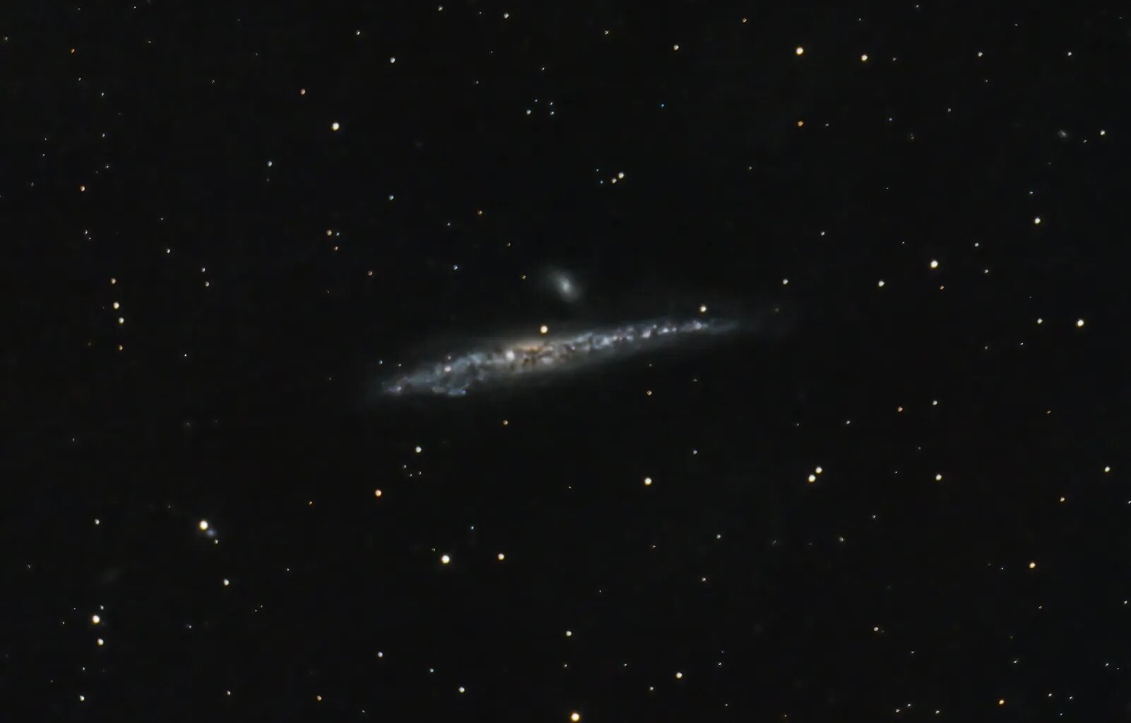 A telescopic photograph of the Whale Galaxy (NGC 4631), an edge-on spiral galaxy appearing as a long, thin streak of blue and white light with a bright, mottled core, set against a black sky filled with foreground stars. A smaller companion galaxy is visible just above the main galaxy near the center of the image.