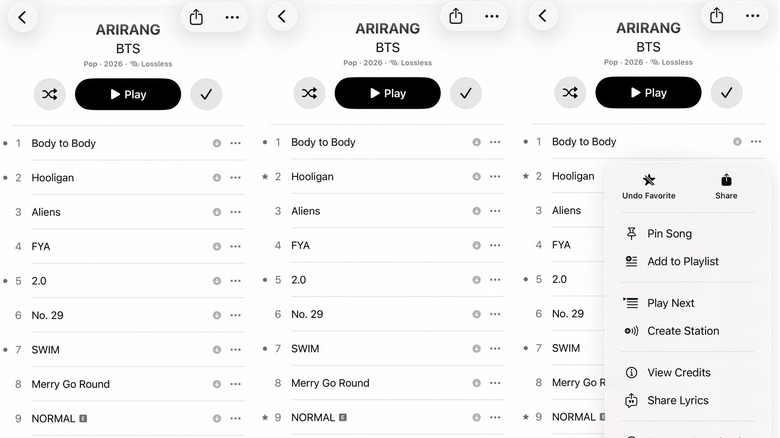 Screenshots from Apple Music on iPhone showing gray dot and favorite indicators inside the BTS Arirang album.