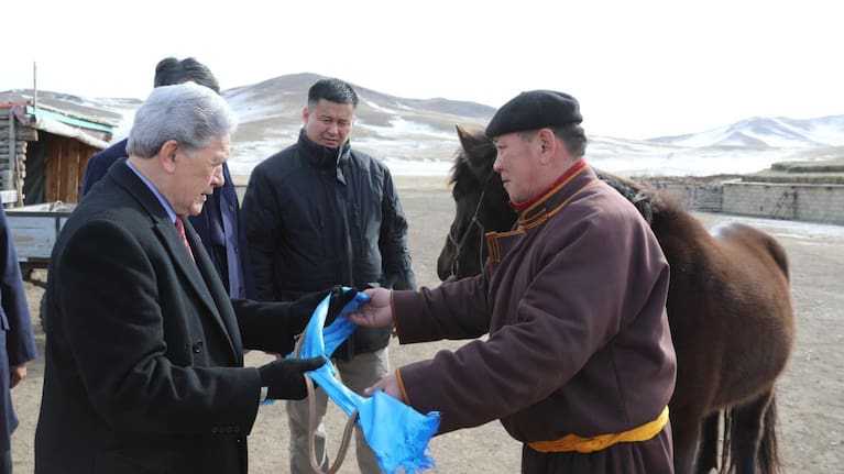 Winston Peters being presented with his Mongolian horse.